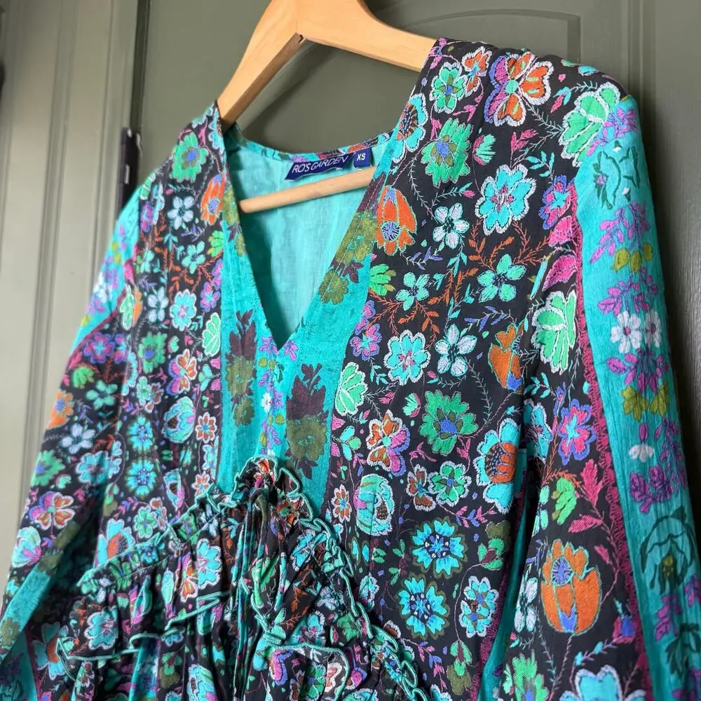 NWT Ro's Garden Jerez Long Sleeve Floral Mini Boho Dress Yeshi Aqua Teal XS - Picture 2 of 5